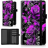 HEAKIERG Purple Rose Black Leather Check Book Cover for Personal Checkbook with Duplicate Checks, RFID Blocking Women Men Slim Wallet with Pen Holder & Clear Plastic Divider, Check Registers Cover