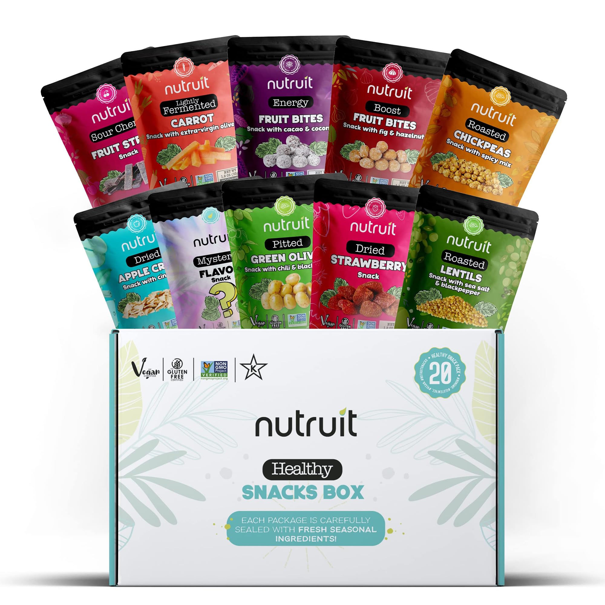 Photo 1 of Nutruit Gourmet Healthy Snacks - 20 Pack MINI Variety Box - Vegan, Gluten Free, Non-GMO Bulk Snacks with No Added Sugar - Kosher, High Protein, High Fiber, Plant-Based Healthy Snack - 1.2oz Packs