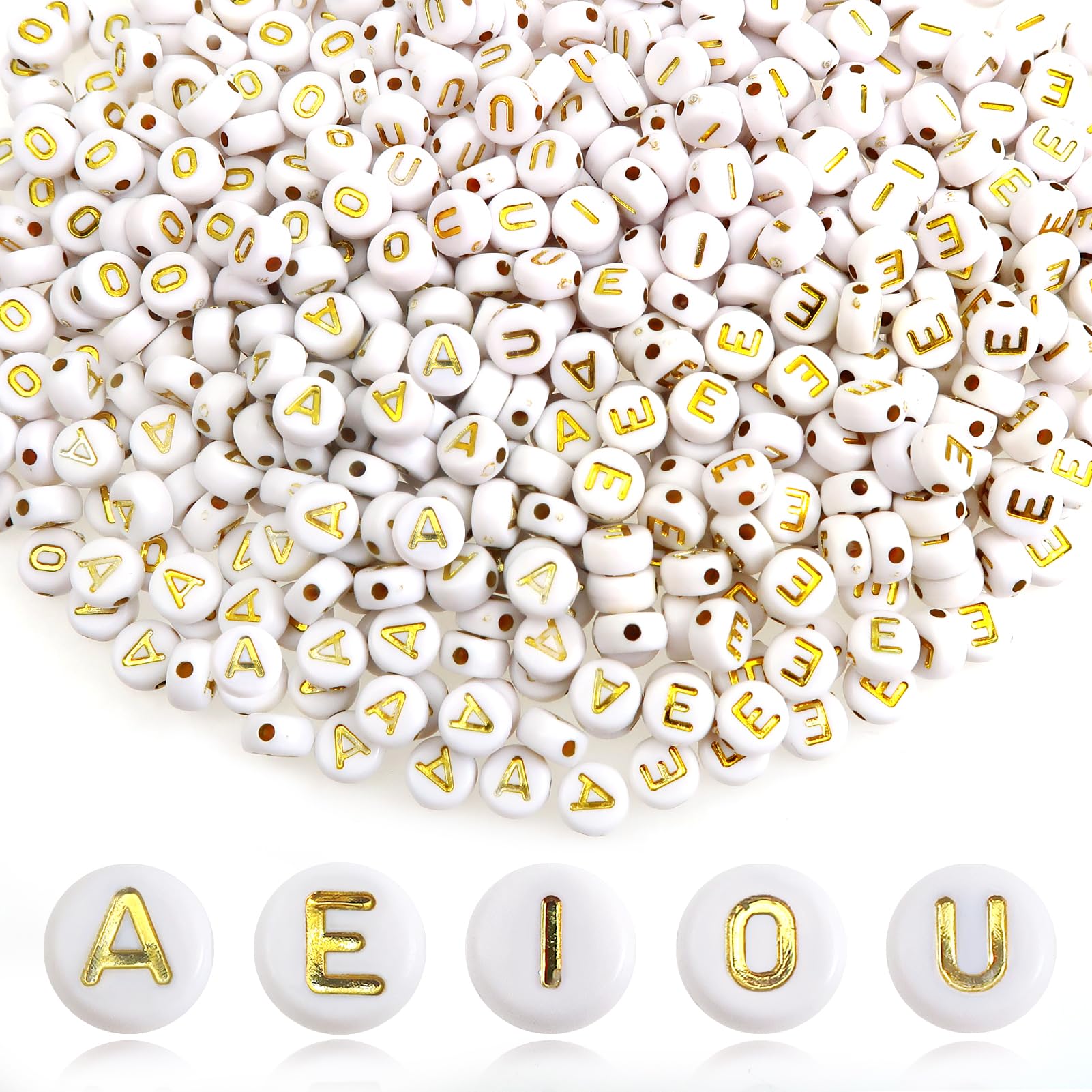 TOAOB 500pcs Vowel Letter Beads 7mm Round Acrylic Alphabet Beads with Gold Word A E I O U for Necklace Bracelet Jewellery Making