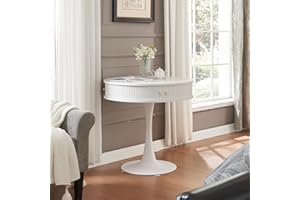 XAWXAW White 31.5" Round Pedestal Table with Hidden Storage | Tulip Design Table with Sliding Doors, Faux Woodgrain Finish for Kitchen & Cafe