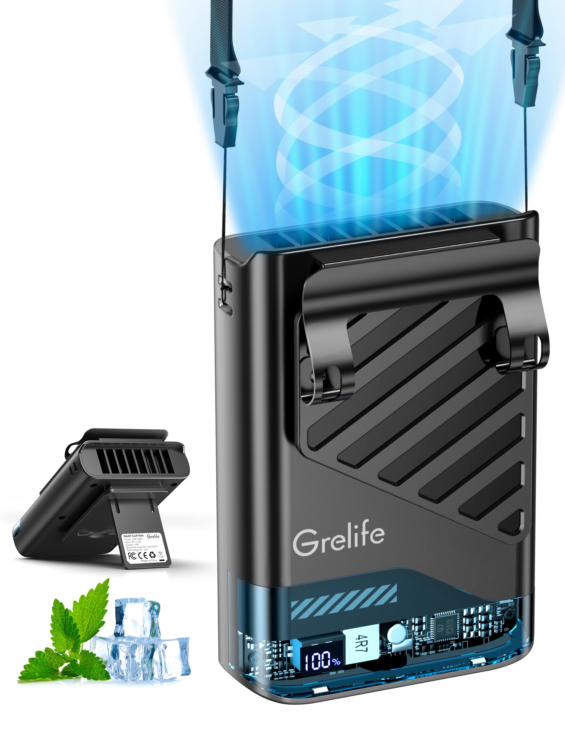 Photo 1 of Grelife AI Portable Fan with LED Display & 40H Runtime,5-Speed 10000RPM Cooling Personal Waist Handheld Fan Rechargeable,33ft/s Wind Speed for Outdoor,Camping,Farm,Jobsite