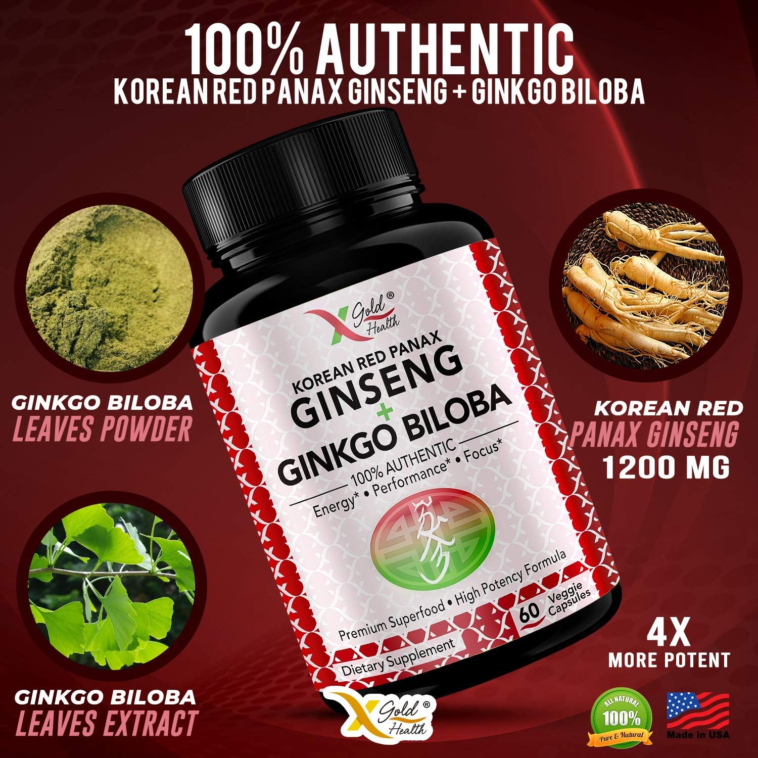 Korean Red Panax Ginseng 1200mg + Ginkgo Biloba - Extra Strength Root Extract Powder Supplement w/High Ginsenosides Vegan Capsules for Energy, Performance & Focus Pills for Men & Women: Health & Personal Care