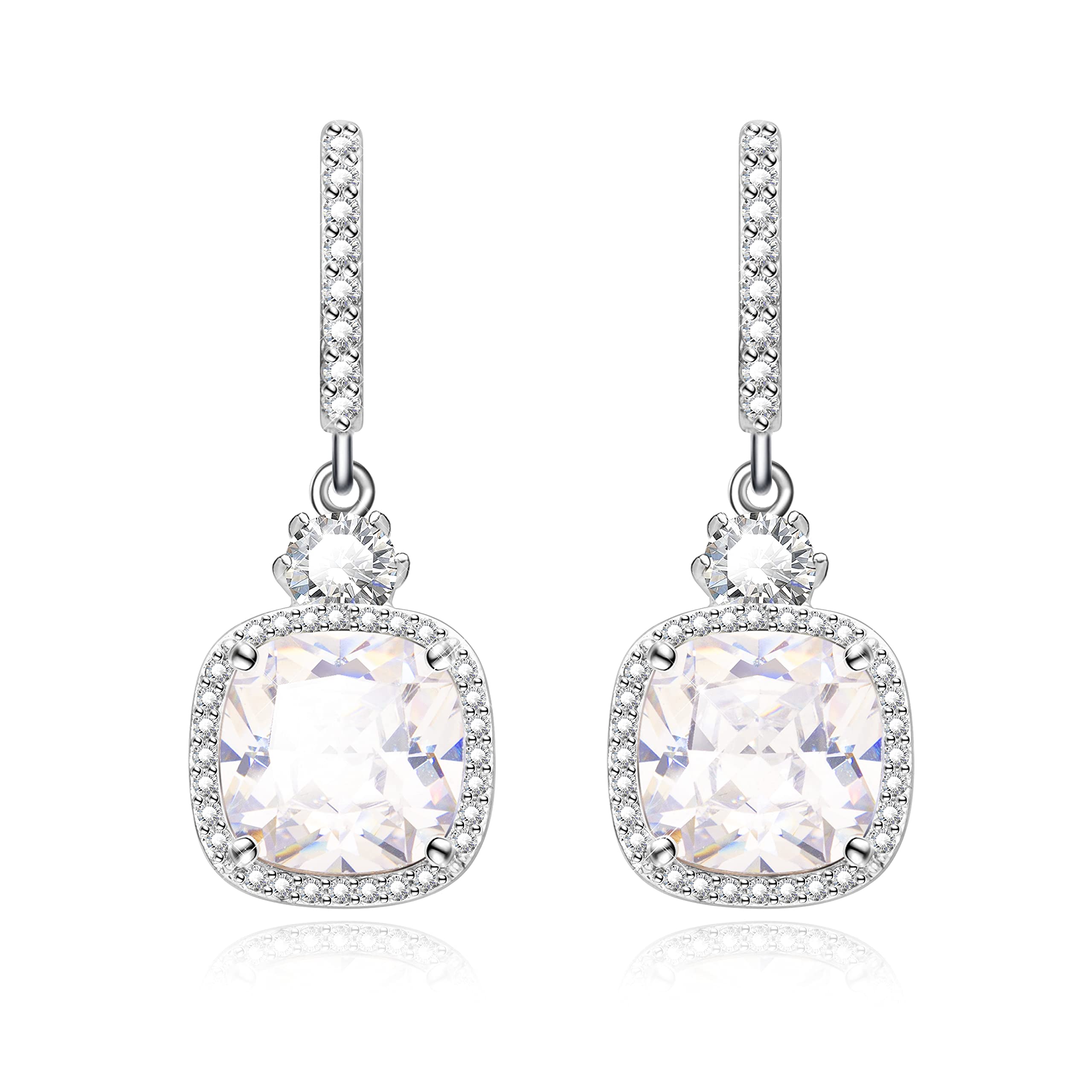 KristLand - 'Miss Captivation' Series -Women's Elegant Jewelry 18k White Gold Plated Sparkle Square Cubic Zirconia Drop Earrings Weddings Christmas Lever-Back Earrings Clear