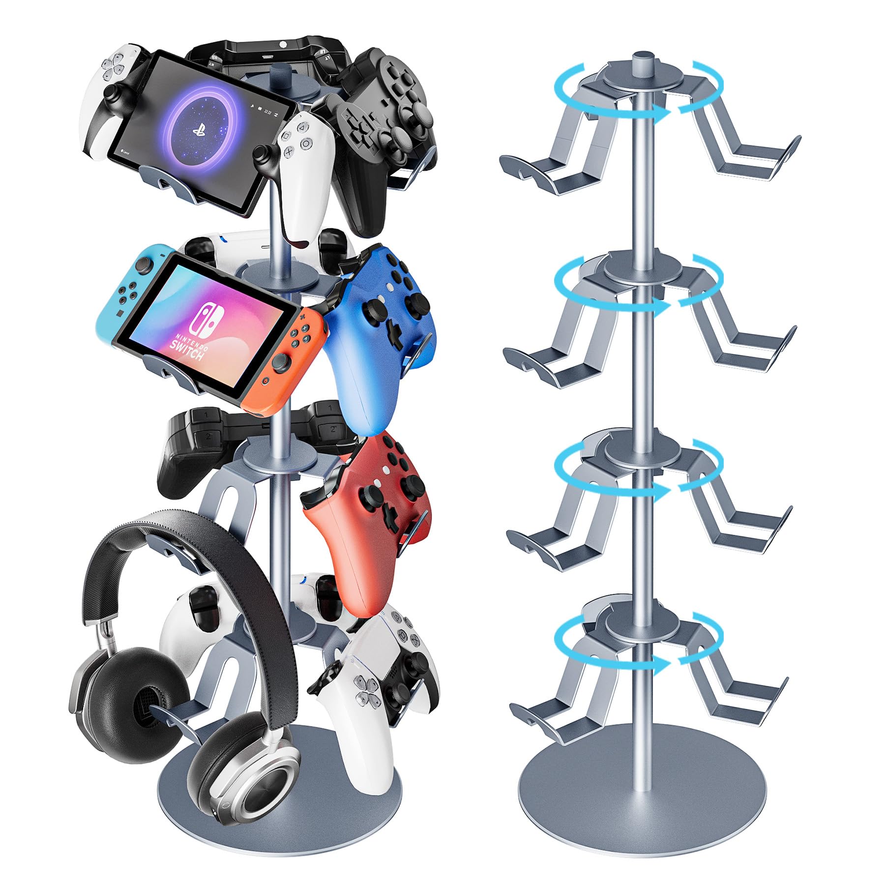 ZHGM 4 Tier Aluminum Alloy Game Controller Stand, Rotatable Gaming Controller Headset Holder Compatible with PS5 Xbox Nintendo Switch PS4, Controller Headphone Stand Organizer Rack for desk, Grey