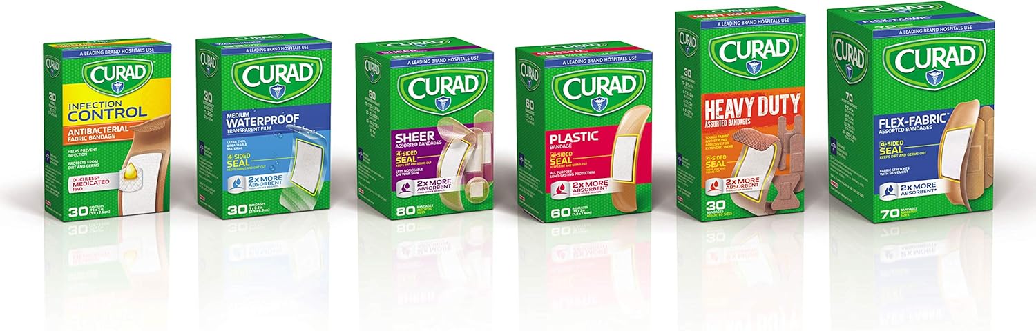 Curad Assorted Bandages Variety Pack 300 Pieces, Including Antibacterial, Heavy Duty, Fabric, and Waterproof Bandages: Health & Personal Care