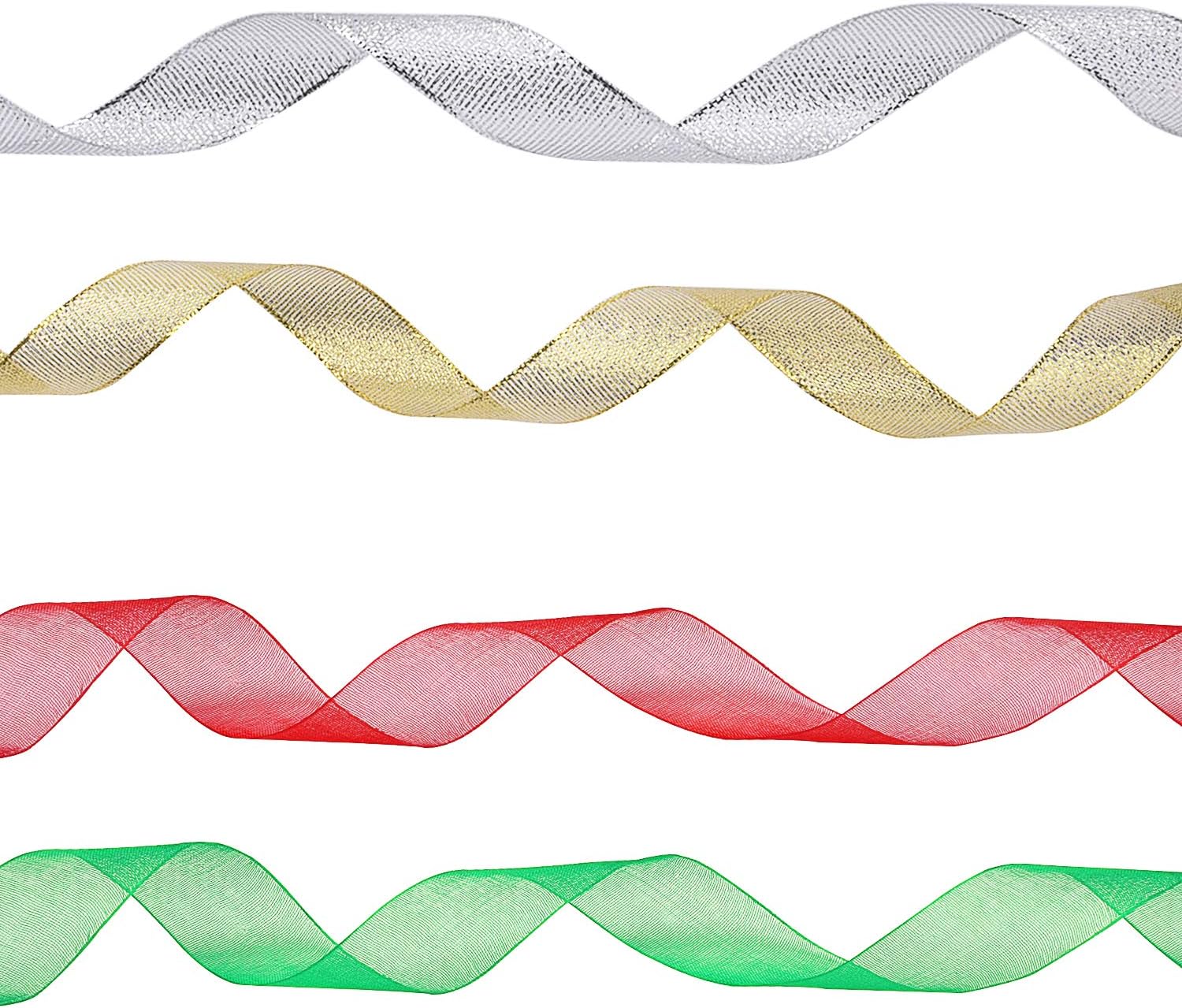 Livder 4 Rolls 4/5 Inch in Width Christmas Metallic Glitter Organza Ribbons Golden, Silvery, Red, Green Ribbon for Gift Wrapping, Christmas Tree Room Decoration: Arts, Crafts & Sewing