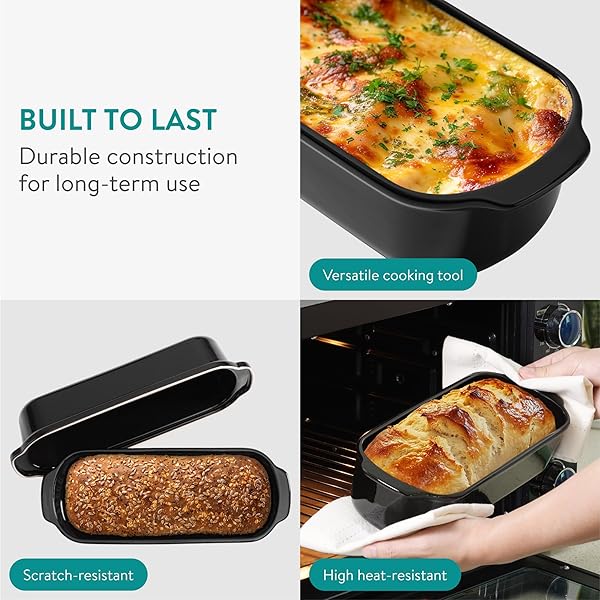 NAVARIS BREAD PAN WITH LID – CERAMIC BAKEWARE TIN FOR BAKING HOMEMADE SOURDOUGH LOAVES – STONEWARE LOAF PANS OR CAKE DISHES FOR OVEN – DISHWASHER SAFE TINS – 13.3 X 5.5(34 X 14CM)