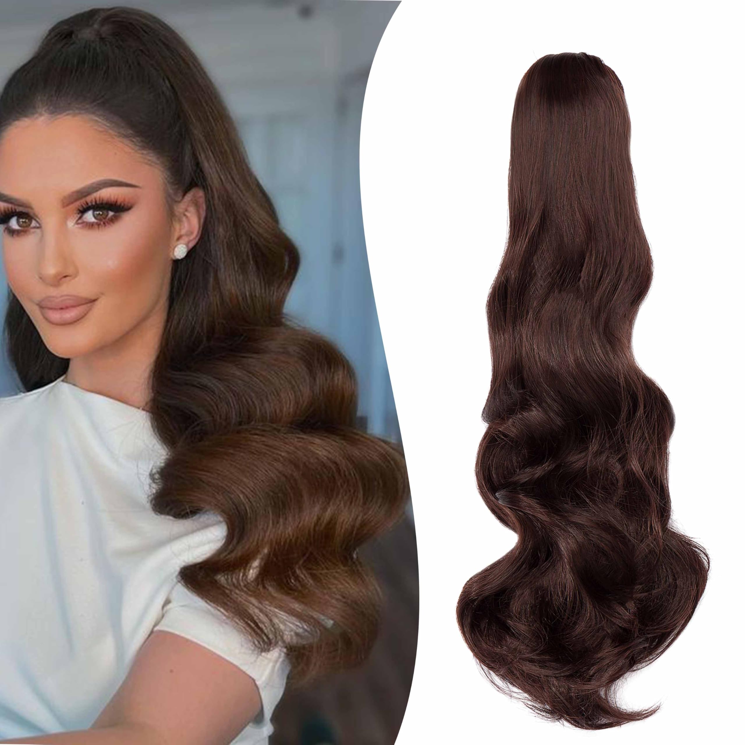 Gairyan 20inch Ponytail Extension Clip in Ponytail Hair Extensions Curly Wavy Pony Tails Claw on Ponytail Long Wave Synthetic Hairpieces for Women Soft Real Look (Dark Brown & Dark Auburn)