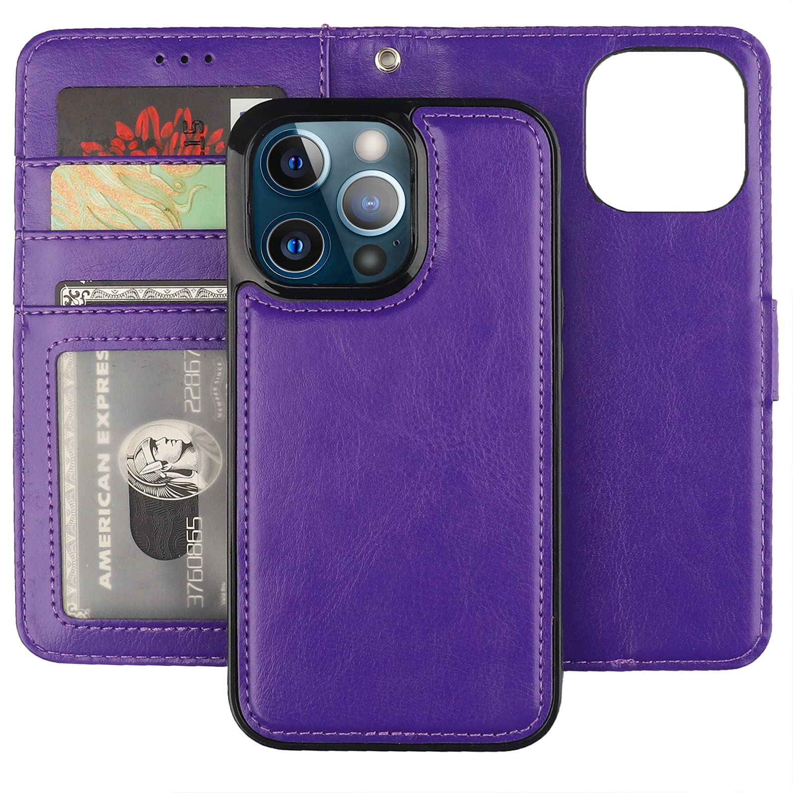Bocasal Detachable Wallet Case for iPhone 13 Pro RFID Blocking Card Slots Holder Premium PU Leather Magnetic Kickstand Shockproof Wrist Strap Removable Flip Protective Cover 5G 6.1 inch (Purple)