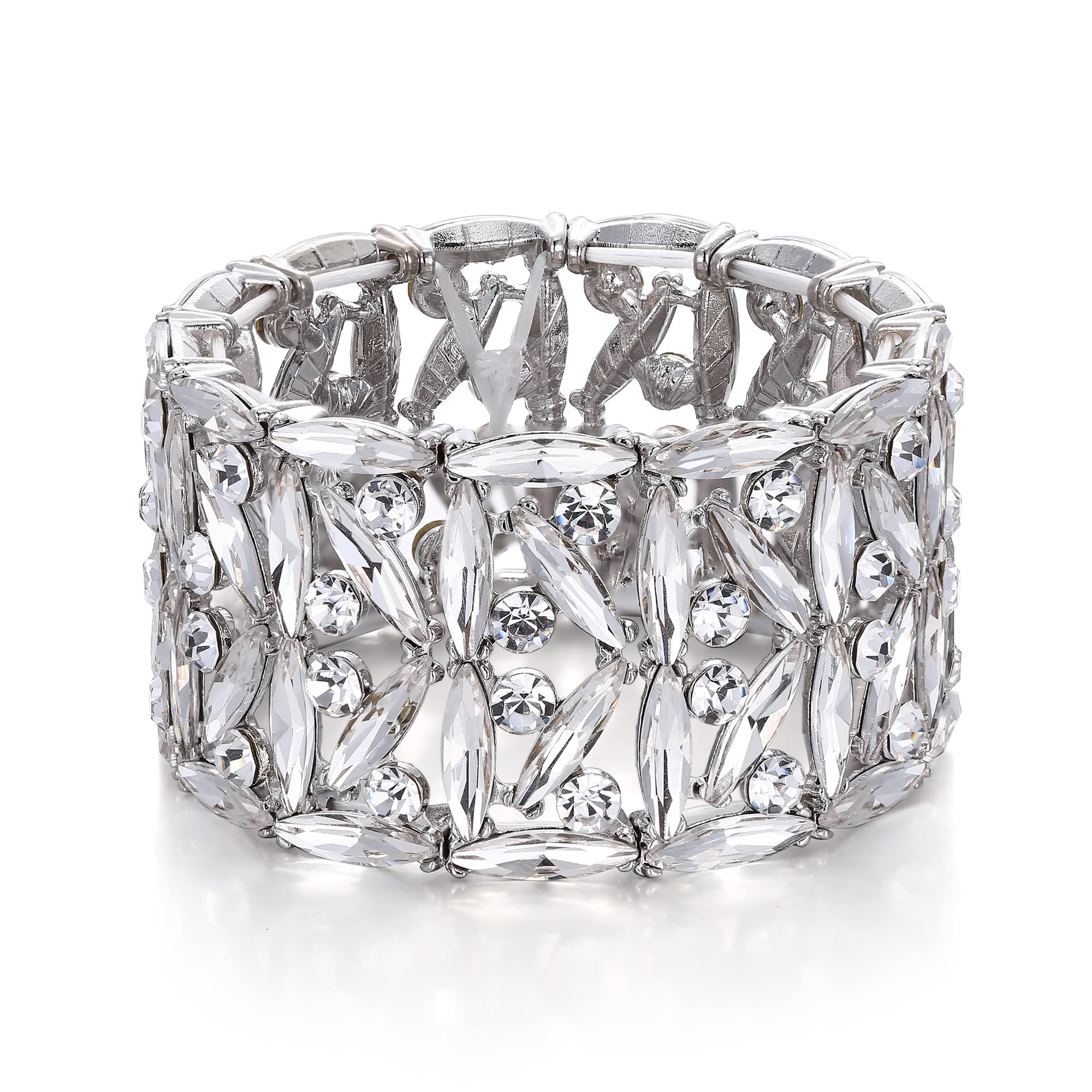 Clearine Wedding Bridal Rhinestones Cluster Stretch Bangle Bracelet for Women Brides Marquise-Clear Silver-tone