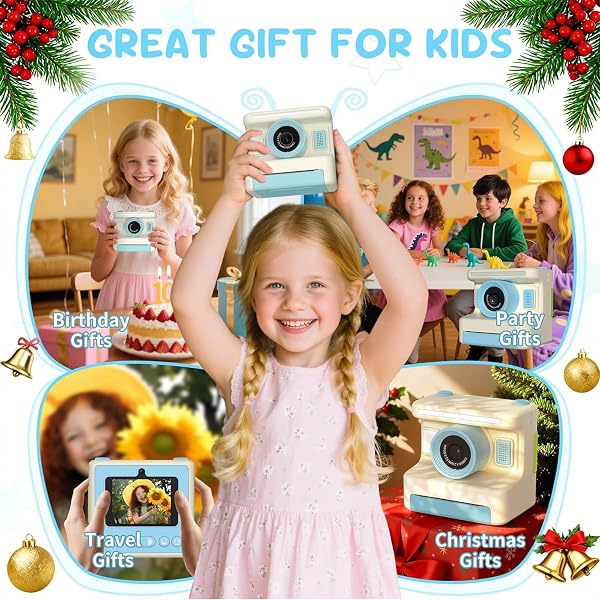 KIDS CAMERA INSTANT PRINT, INSTANT PRINT CAMERA FOR KIDS WITH 32GB SD CARD, TODDLER GIFT FOR AGES 6-12, GRAYSCALE PRINTING NO INK NEEDED THERMAL PRINTER, 48MP FHD VIDEO, 2.4″ SCREEN