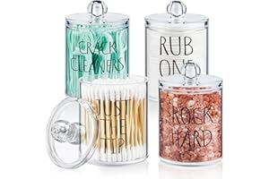 QEIRUDU 4 Pack Qtip Holder Dispenser with Lids and Labels - 10 oz Acrylic Apothecary Jars Plastic Bathroom Vanity Canister Organizer for Cotton Balls, Pads, Swabs, Floss (Clear)