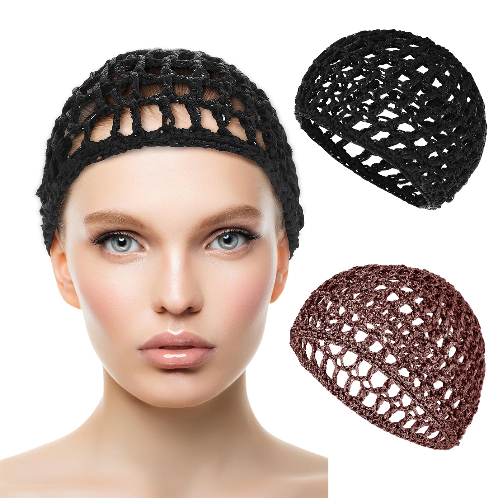 Hair Net Wrap 2 PCS Elastic Sleep Net Hairnet Knit Sleeping Cover Breathable Crochet Head Cap Stretchy Mesh Bandana Anti Frizz Shower Bathing Hats Press Absorption Curly Straight Hair(Brown/Black)