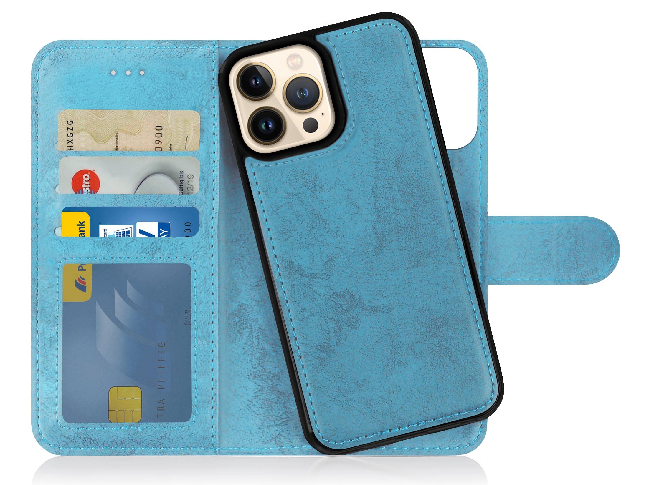 MyGadget Flip Case for iPhone 13 Pro Max - [ Removable Magnetic Cover ] - PU Leather Phone Case - [ Cover with Card Slot ] Protective Shell in Light Blue