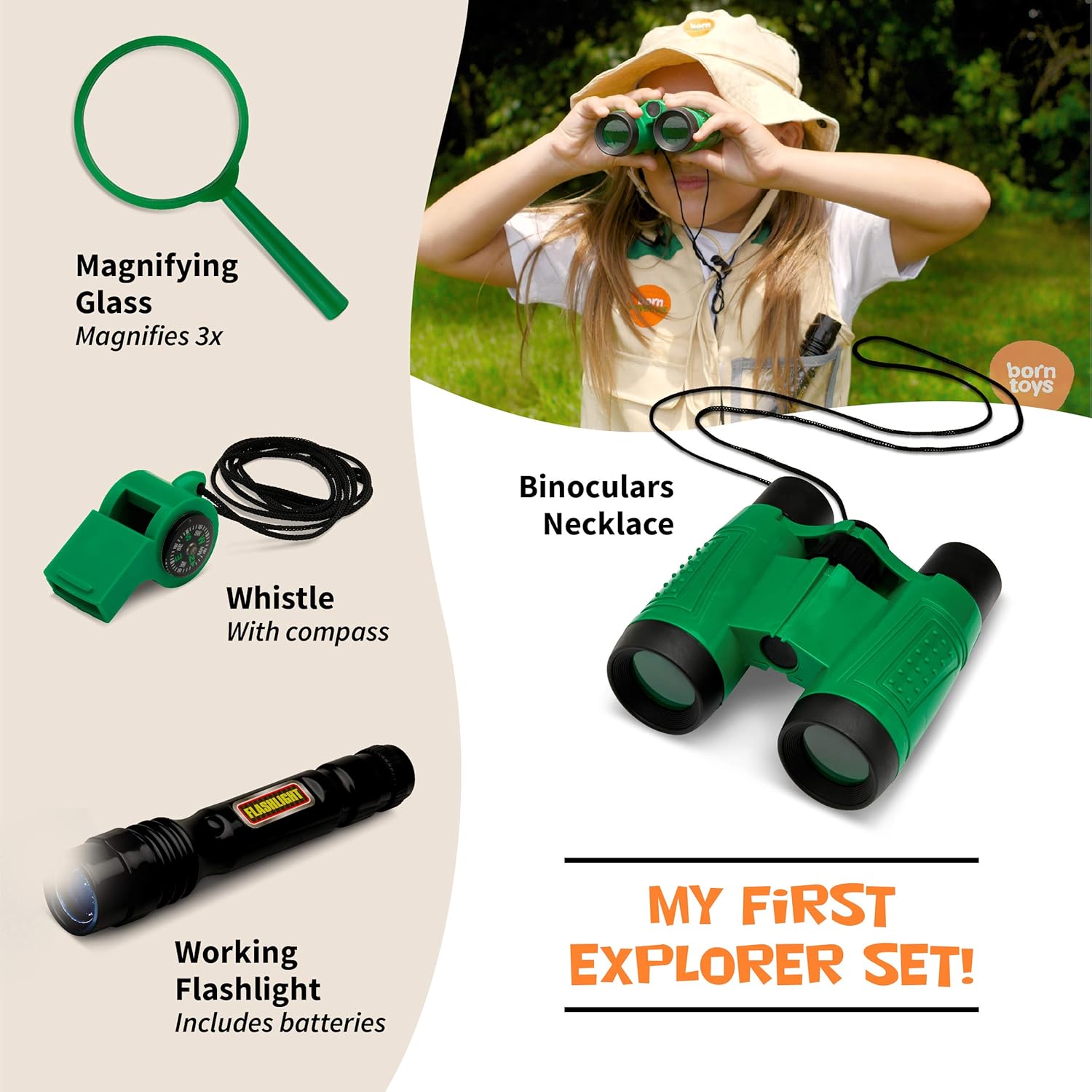 Born Toys Outdoor Explorer Kit for boys and girls with WASHABLE Premium Safari Vest and adventure kit with SCAVENGER HUNT: Clothing