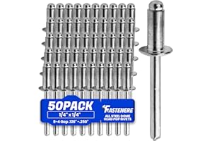 Fastenere Pop Rivets - 1/4" x 1/4" (50pcs) Heavy Duty, Open-End, Aluminum, Dome-Head Blind Rivets, Corrosion-Resistant, High Tensile & Shear Strength, 8-4 Gap 0.126"-0.250"