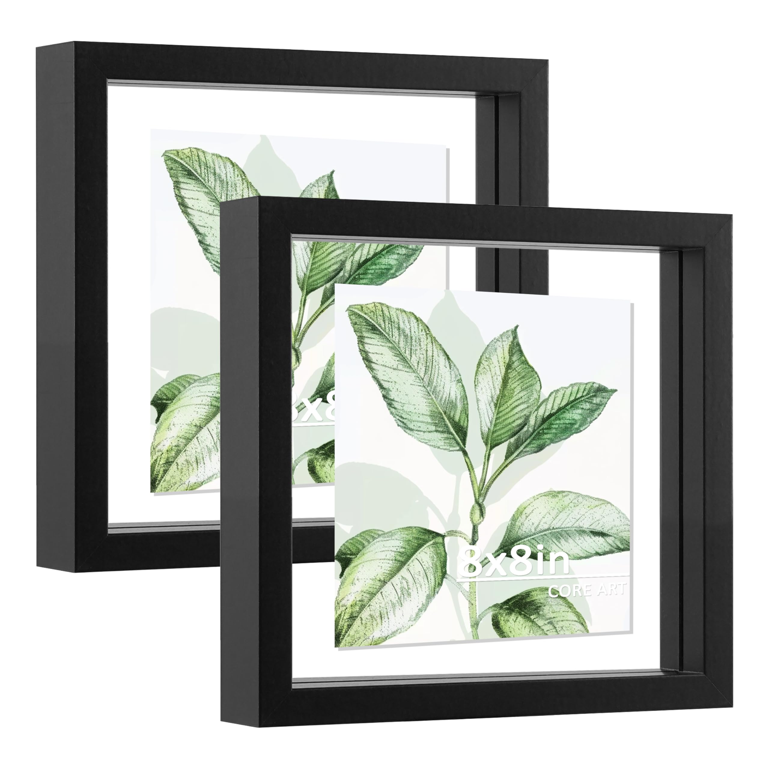 CORE ART 8x8 Floating Picture Frame Set of 2,Double Plexglass Floating Frame for 6x6,4x4 Pictures,Wall or Tabletop Display,Black