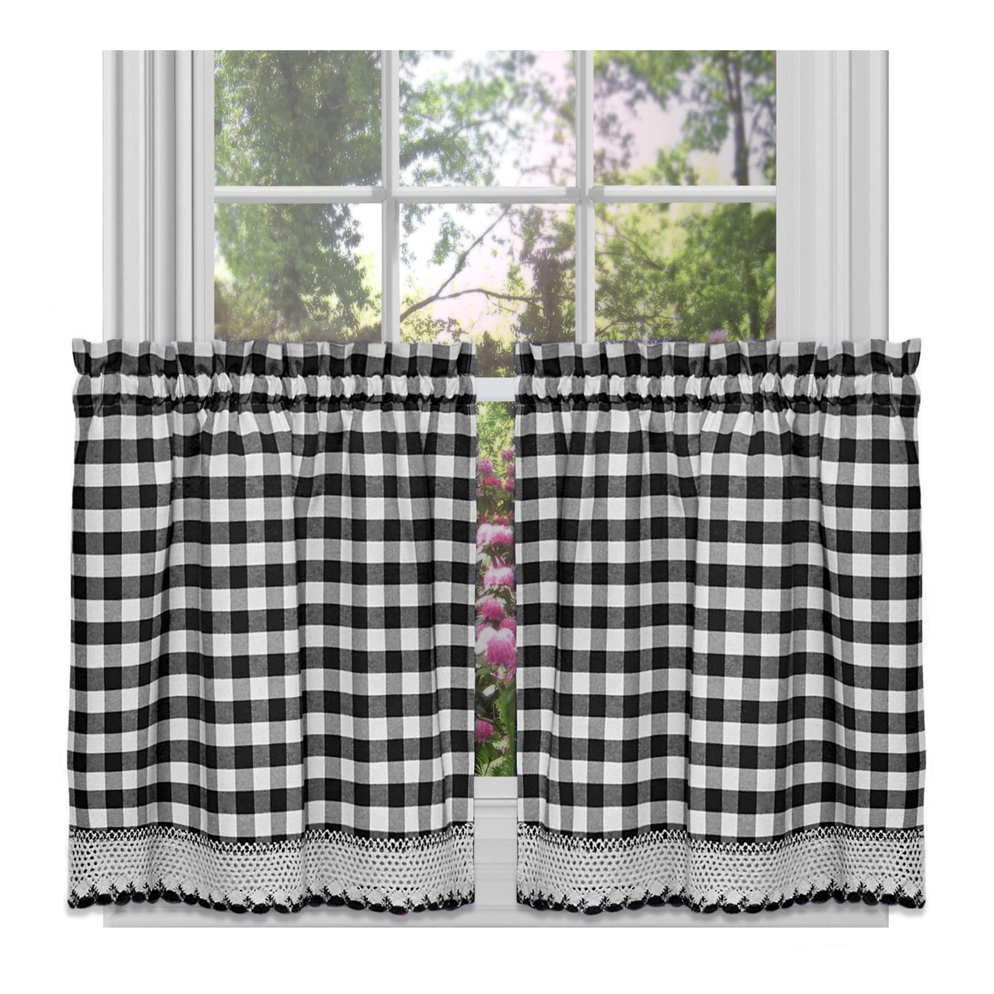 Buffalo Check Tier Pair Window Curtain Set - 58 Inch Width, 24 Inch Length - Black & White Plaid Drapes - Light Filtering Drapes for Kitchen, Bedroom, Living & Dining Room by Achim Home Decor