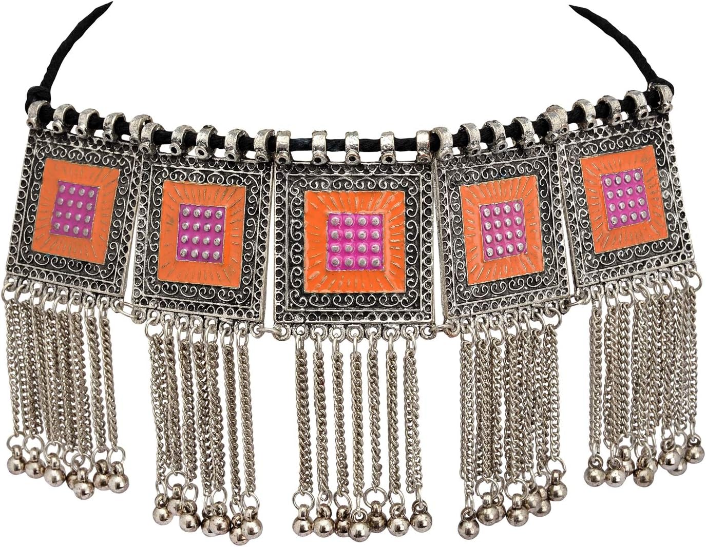 Afghani Necklace Choker Oxidized Silver Tassel Blue & Red Enamel Work