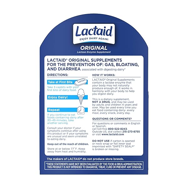 LACTAID ORIGINAL STRENGTH LACTOSE INTOLERANCE CAPLETS, 9000 FCC LACTASE ENZYME CAPLETS, HELPS PRE-VENT GAS, BLOATING & DIARRHEA DUE TO LACTOSE SENSITIVITY IN ADULTS & KIDS AGES 4+, 120 COUNT