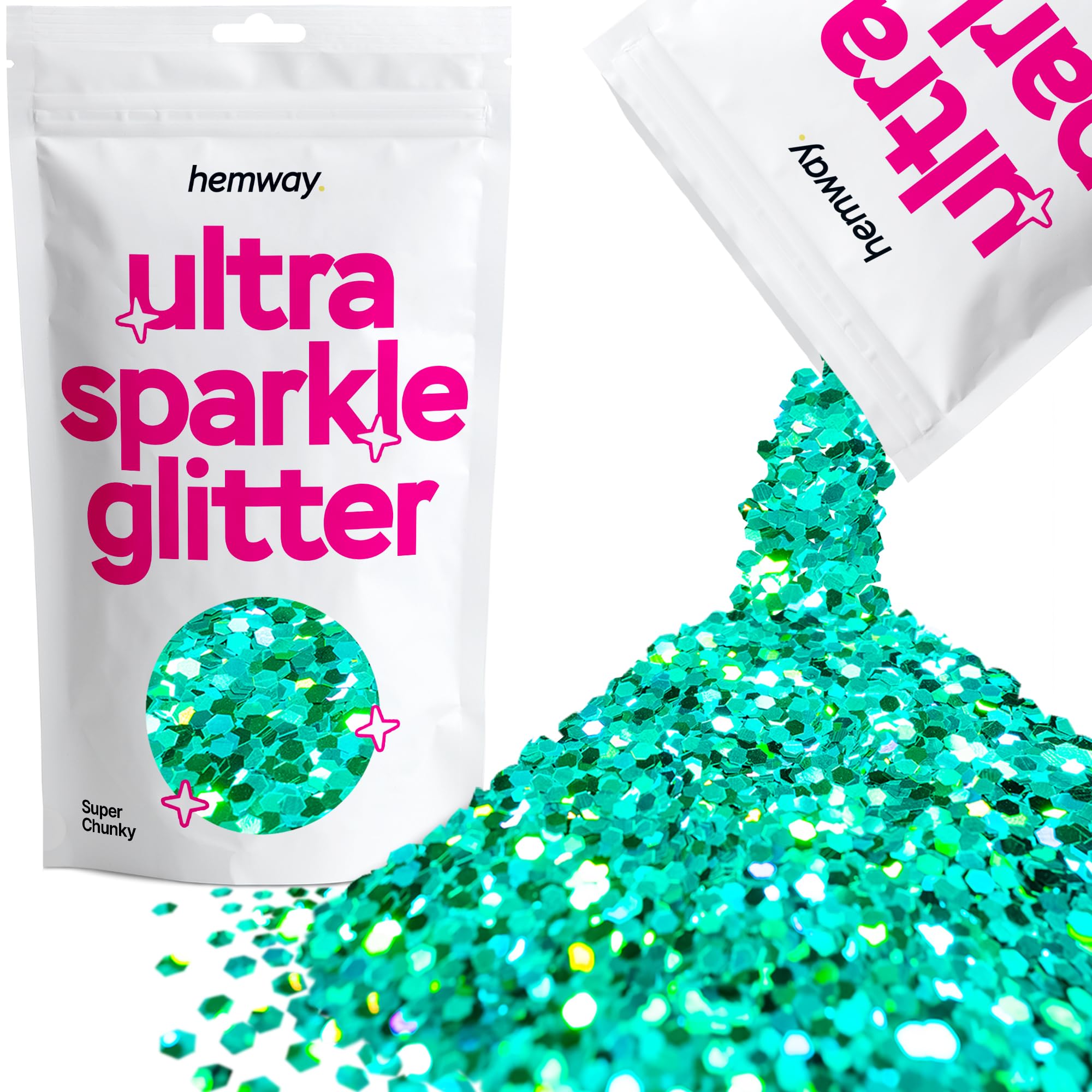 Hemway Ultra Sparkle Glitter Turquoise Blue Holographic 100g Super Chunky | Glitter for Arts & Craft, Makeup, Nail Art, Crafting, Card Making, Sparkle Decoration