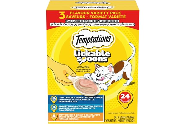 Temptations Lickable Spoons Adult Cat Treats Chicken & Salmon, Salmon & Tuna, Chicken & Cheese Flavours Variety Pack, (24) 10