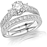 Houston Diamond District 1.48 Carat 14K White Gold GIA Certified Round Cut Three Stone Vintage w/Milgrain & Filigree Bridal Set w/Wedding Band & Diamond Engagement Ring (F Color SI1 Clarity)