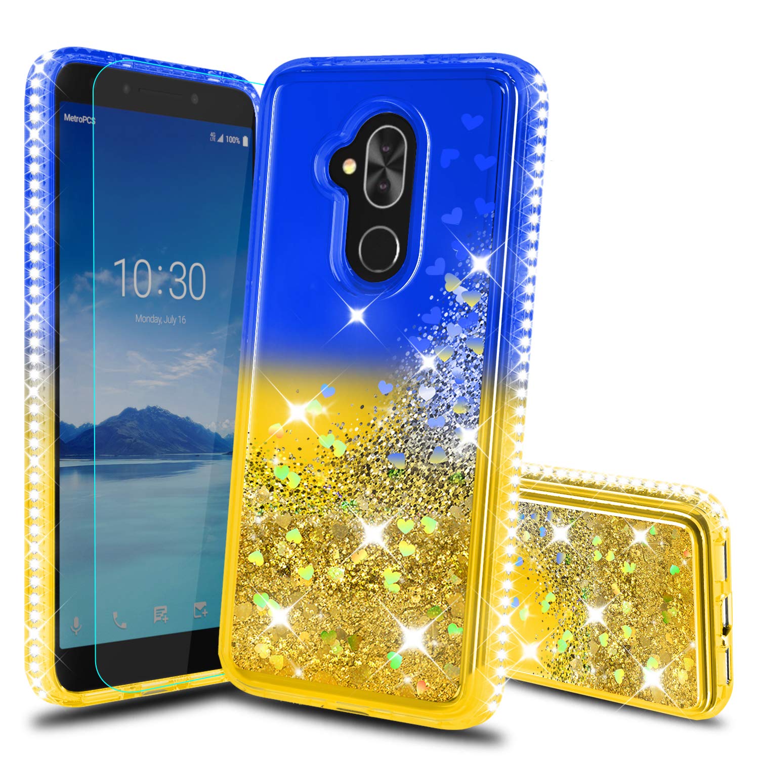 Alcatel 7 Case,T-Mobile Revvl 2 Plus Cases with HD Screen Protector, Atump Glitter Liquid Diamond TPU Silicone Protective Phone Cover Case for Alcatel 7 Folio Blue/Yellow