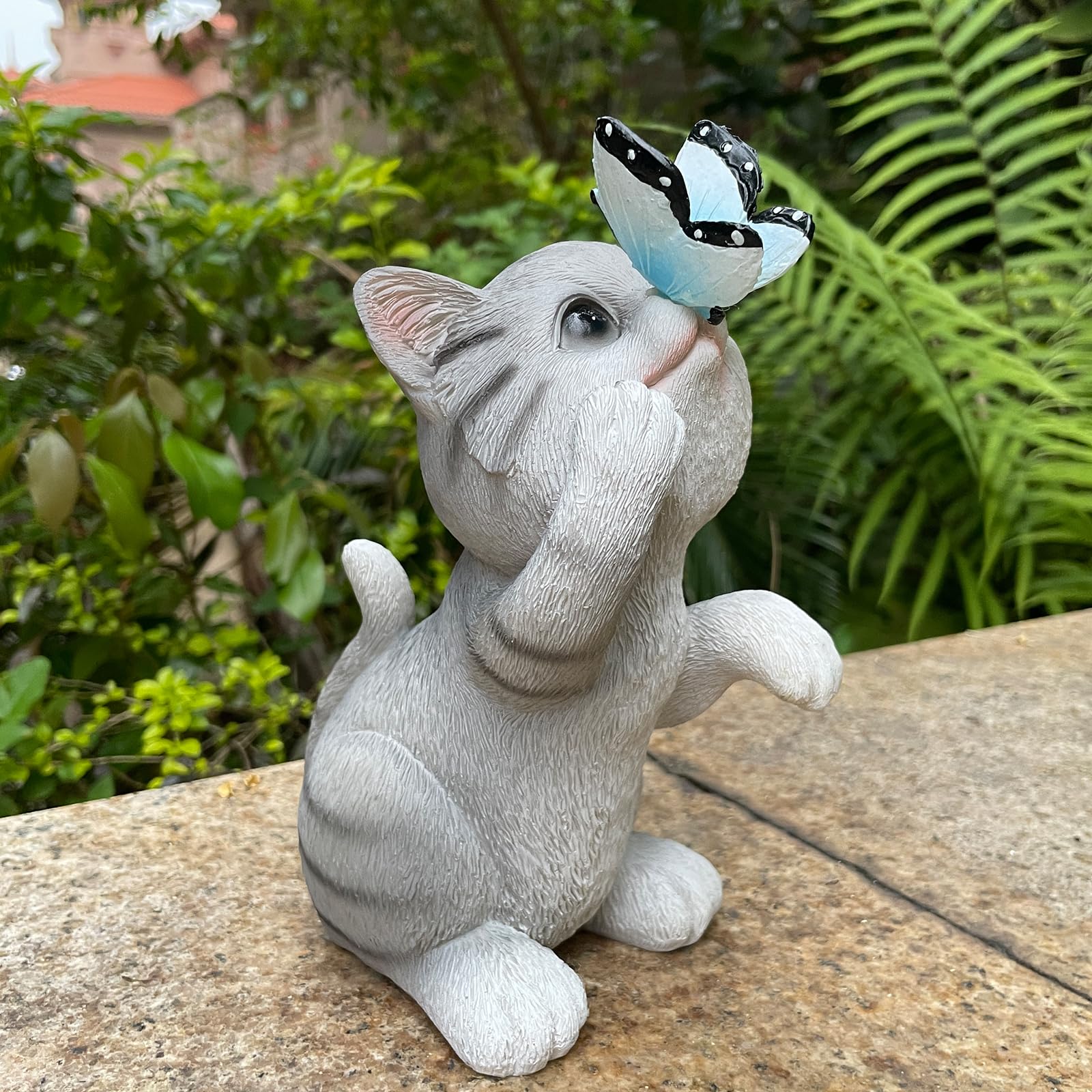WNXURT Solar Cat Outdoor Figurines Garden Decor with Butterfly Light for Lawn Ornaments Porch Patio Balcony Yard Decorations Outdoor Birthday Gifts for Women Grandma Mother's Day