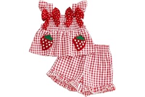 Toddler Baby Girl Summer Clothes Infant Girl Plaid Outfit Strawberry Ruffle Gingham Shirts Dress Tank Top Shorts Set