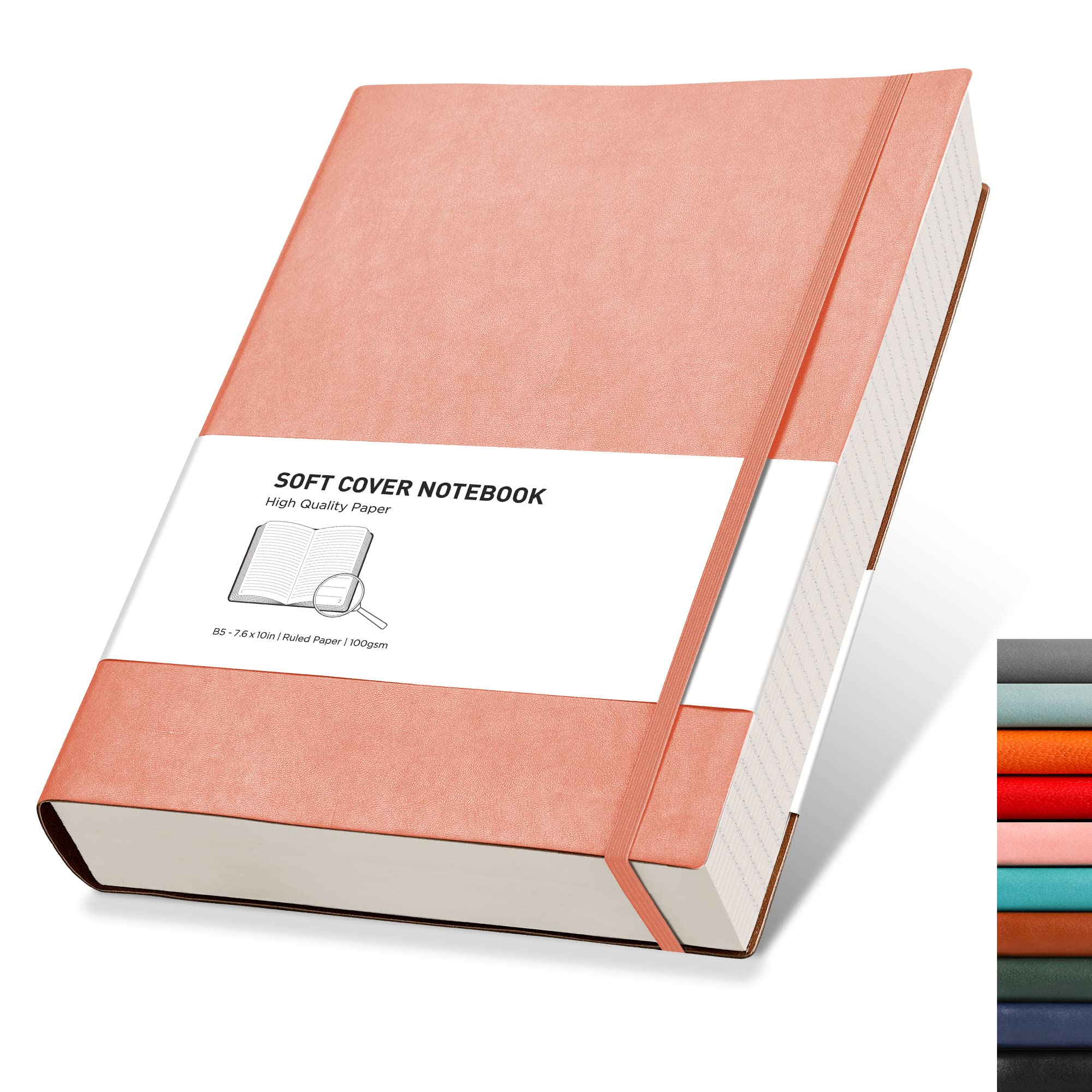 RETTACY College Ruled Notebook - 320 Numbered Pages Large B5 Lined Journal Notebook, 100gsm Thick Lined Paper, Faux Leather Softcover, for Women Men Work School, 19 x 25 cm - Pink
