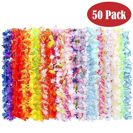 Winiron 1 50stk Bunten Hawaiikette Halskette Girlande Blumenkette Stoffblüten Hawaii Blumen Set für Kleid, Party Favors, Stra