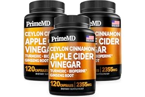 PRIMEMD 5-in-1 Ceylon Cinnamon Capsules 2355mg - Ceylon Cinnamon and Apple Cider Vinegar Capsules - Turmeric and Panax Ginseng Capsules - Cinnamon Supplements with Bioperine (120 Count(Pack of 3))