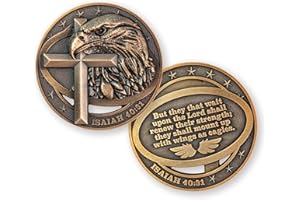 LOGOS COINS Antique Gold-Color Plated American Bald Eagle and Cross Christian Challenge Coin - Inspiring Strength and Faith - Great Gift for Men, Women, Boys, and Girls