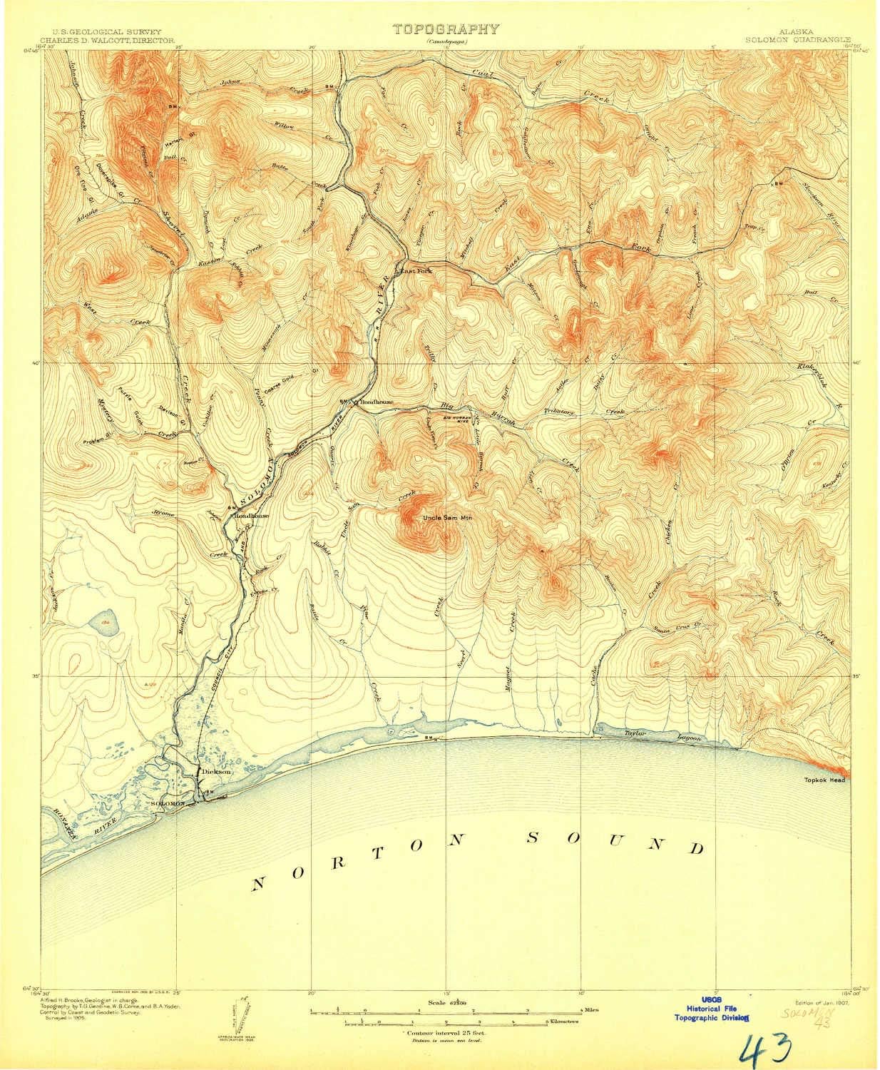 YellowMaps Solomon AK topo map, 1:62500 Scale, 15 X 15 Minute, Historical, 1907, 20 x 16.5 in