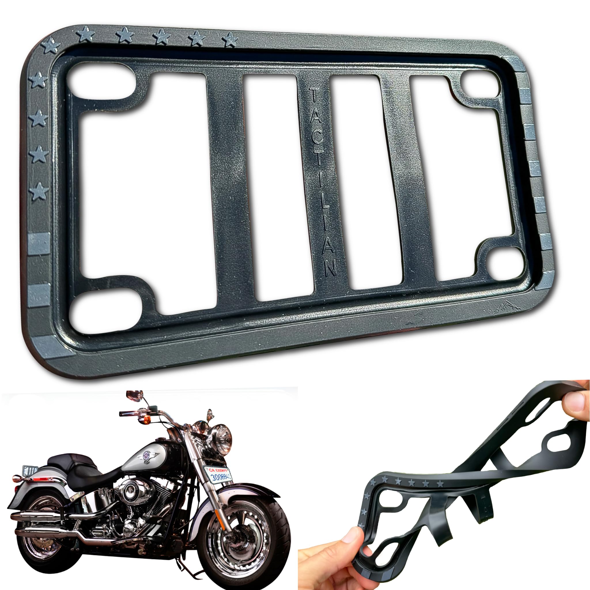 Photo 1 of TACTILIAN Motorcycle License Plate Frame American Flag (Black) Anti Rattle Silicone Subdued 3D Stars and Stripes USA Flag Gloss on Matte Cover, Bike, Harley Motorcycle License Plate Holder Cover