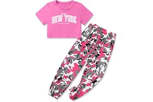 CRISONE Girls 2 Piece Outfits New York Letter Print Crop Tops + Camouflage Pants Spring Summer Clothes Sets