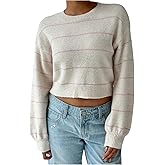 SHENHE Women's Striped Drop Shoulder Crewneck Soft Cropped Sweater Pullover Knit Top