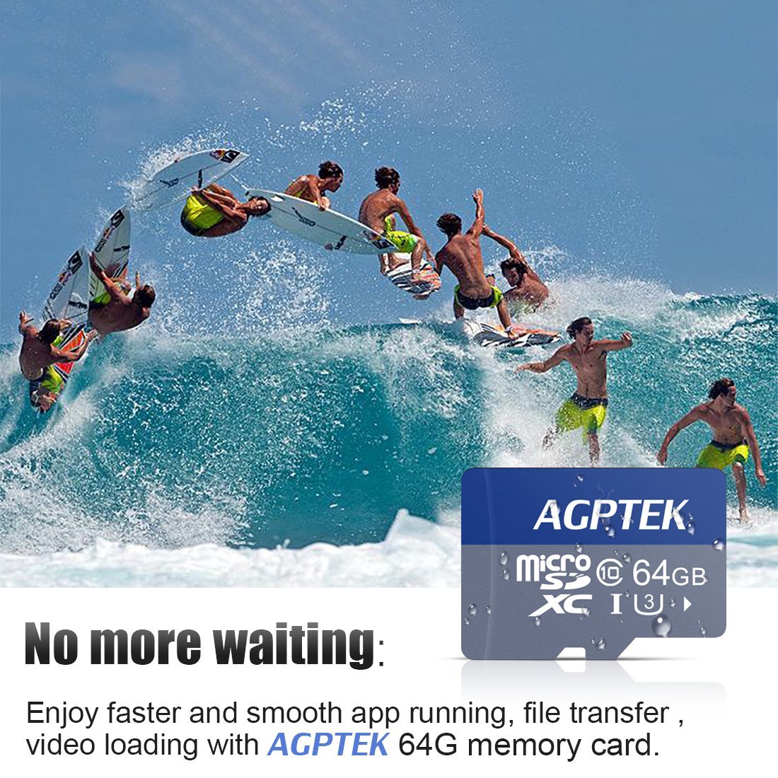 AGPTEK Carte Mémoire de 64Go avec Lecteur de Cartes, Carte Micro SD/TF Compatible avec Téléphone Intelligent, GPS, Tablettes PC, Appareils Photo Numériques et Tout MP3 AGPTEK- Noir et Bleu