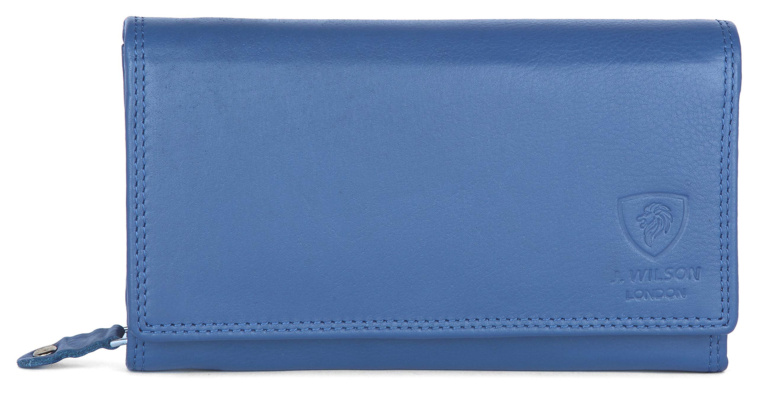 J. Wilson London Ladies Designer Luxury Quality Soft Nappa Leather RFID Safe Protection Purse Multi Credit Card Women Clutch Wallet with Zip Pocket Gift Boxed (Light Blue)