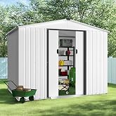 Outdoor Storage Shed 6x8 FT, Iron Metal Tool House with Sloped Roof &amp; Double Doors, Assembly Required, Waterproof Weatherproof for Backyard, Garden, Patio, Lawn Mower, Bike, and Equipment(White)