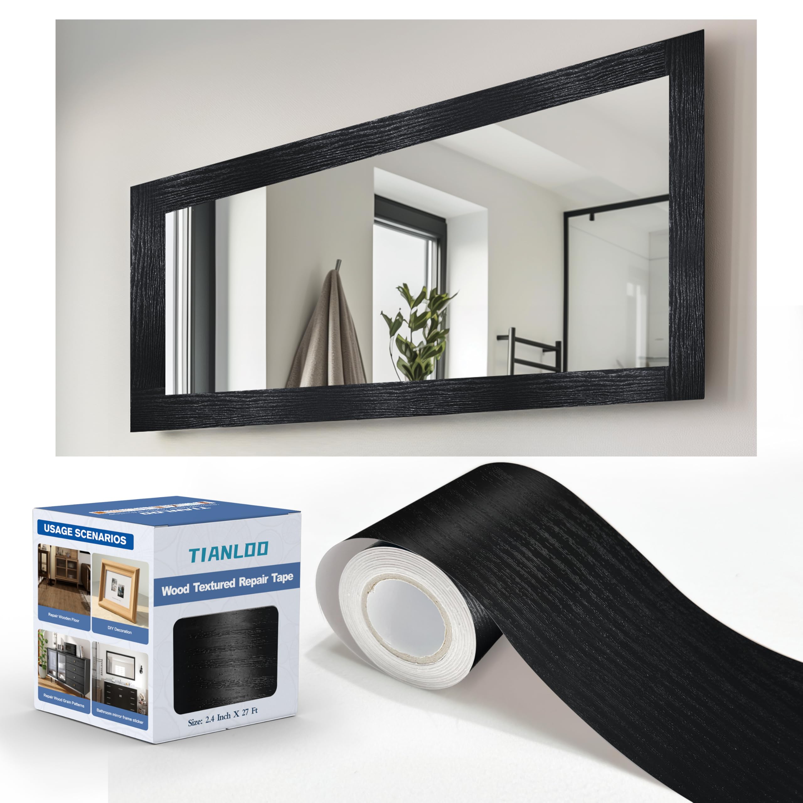 Photo 1 of TIANLDD 27 FT Wood Grain Wallpaper Border, Removable Waterproof Mirror Border Peel and Stick,Bathroom Mirror Frame Border (Black)