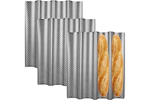 MUXHEL 3 Pcs Nonstick Baguette Pan, 15" x 13" Perforated 4 Loaves French Bread Baking Pan, Silver Carbon Steel Baguette Pan f