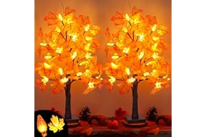 NAWITDA 2 Pack 24 Inch Artificial Lighted Maple Tree with 48 LEDs Timer Fall Thanksgiving Decorations Battery Operated Prelit Maple Tree Table Lights for Thanksgiving Decor Home Indoor Autumn Harvest