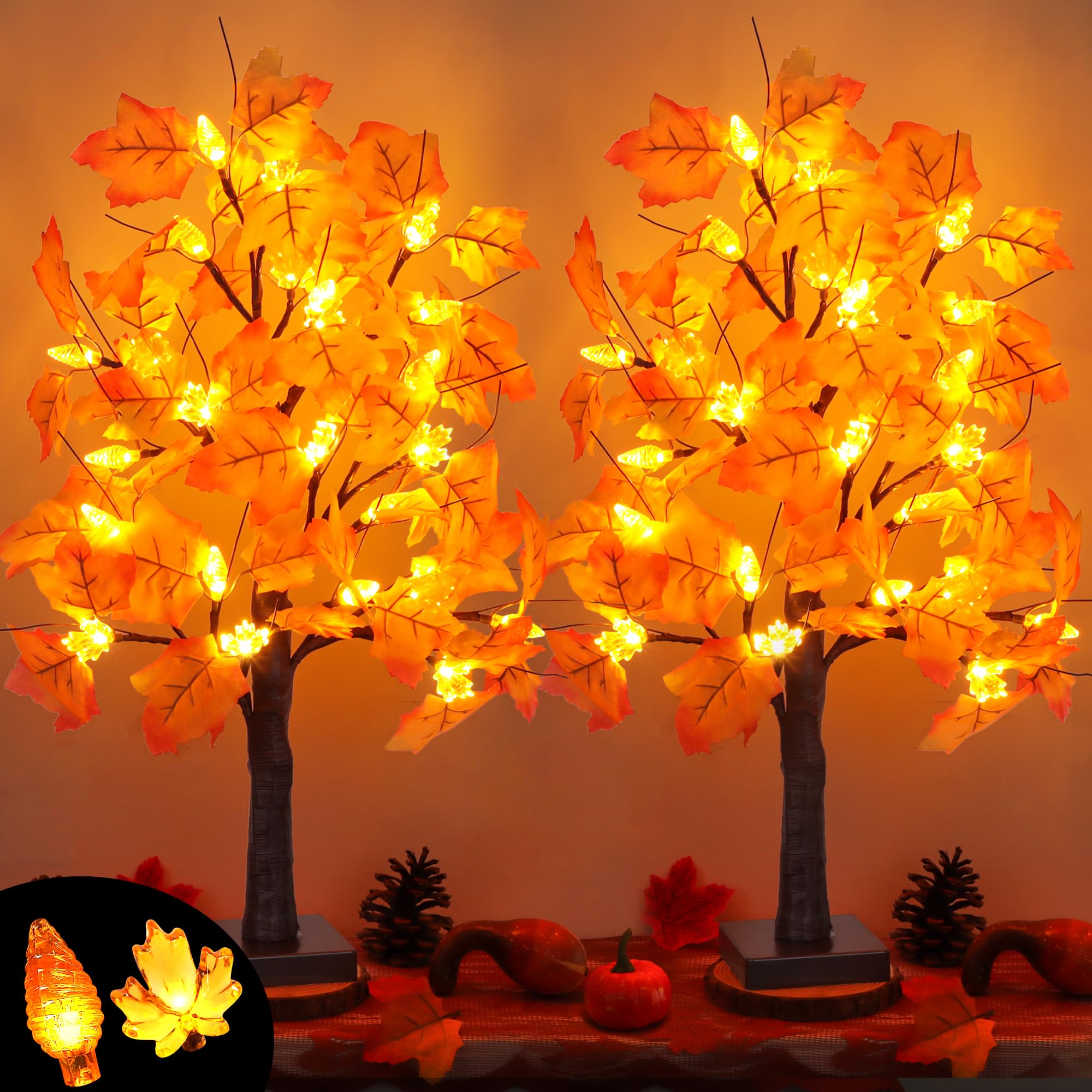 Photo 1 of 2 Pack 24 Inch Artificial Lighted Maple Tree with 48 LEDs Timer Fall Thanksgiving Decorations Battery Operated Prelit Maple Tree Table Lights for Thanksgiving Decor Home Indoor Autumn Harvest