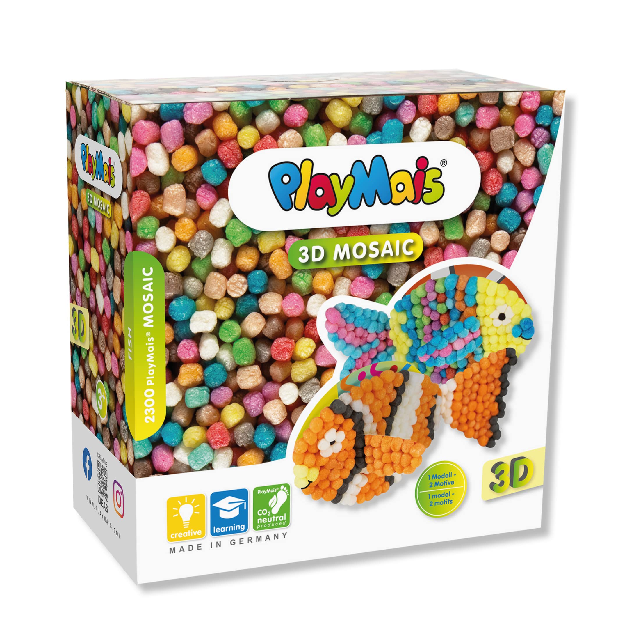 Playmais 3D Craft Set for Children from 5 Years, Over 900, 3 Animal Figures Made of Paper Mache for Gluing and Crafts, Promotes Creativity and Fine Motor Skills, Natural Toy (3D Moisac Fish)