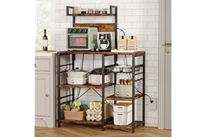 EasyCom Bakers Rack with Power Outlet, 16.5" D x 35.4" W x 50.6" H 6-Tier Kitchen Cart with Storage Microwave Cart with 6 S-Hooks, Coffee Table for Kitchen, Living Room, Office, Rustic Brown (6-Tiers)