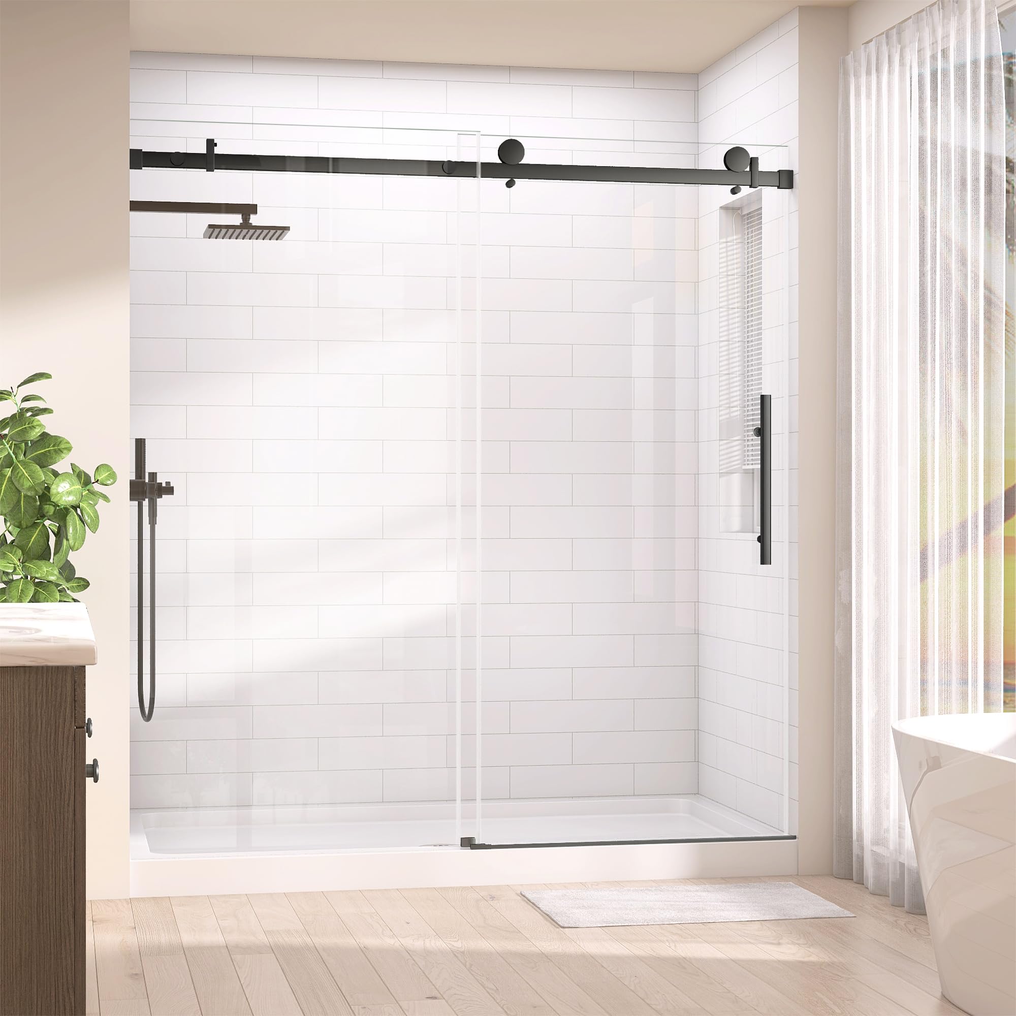 Photo 1 of (SOLD AS PARTS) Frameless Glass Shower Door 60-65’’ W x 72’’ H, Single Sliding Shower Door, , Stainless Steel Hardware, Low Threshold, Matte Black