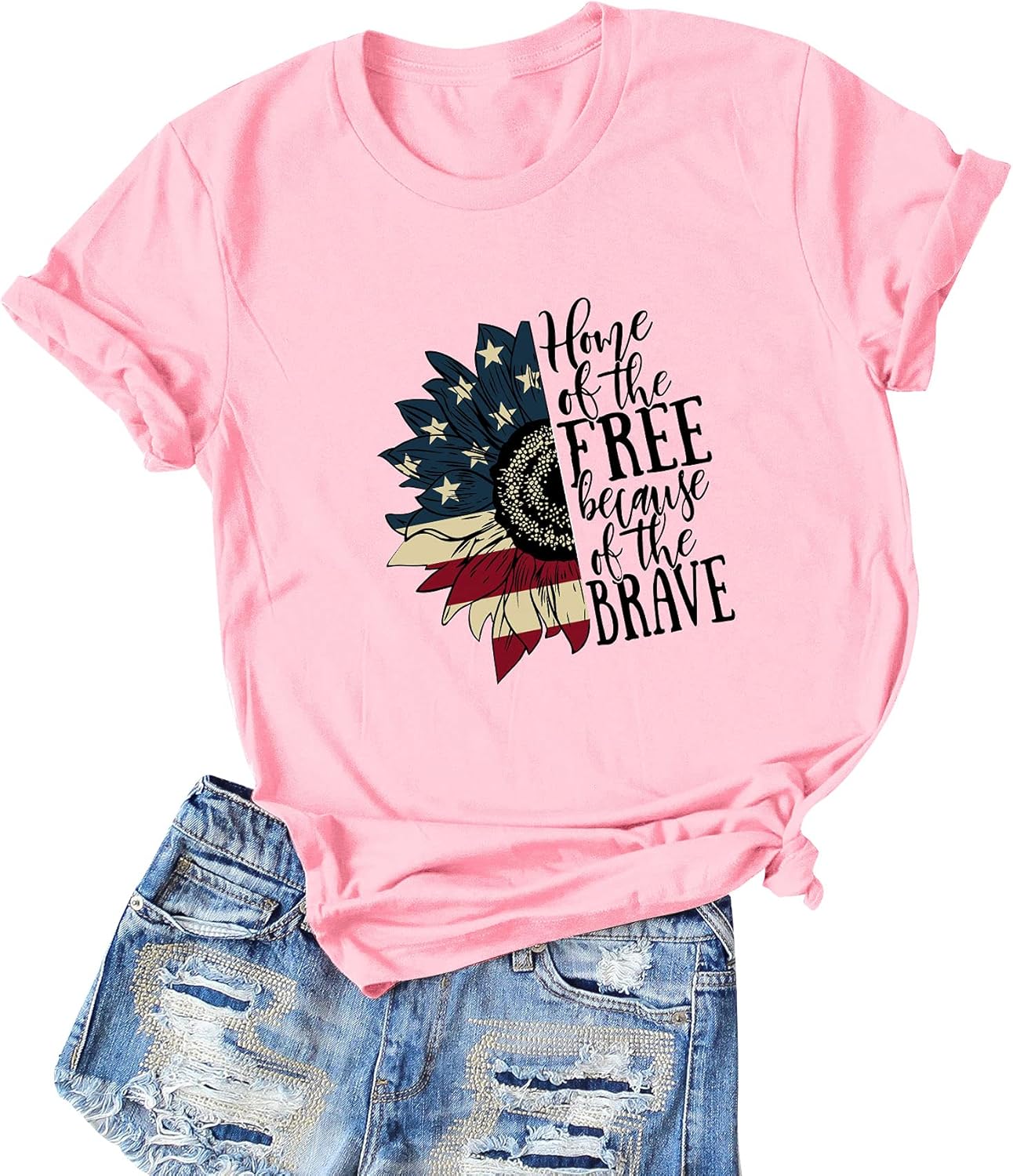 WLLW Women Summer Home of The Free Letter Print Independence Day T-Shirt Top