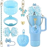 SEMATA Bling Accessories for Stanley Cup 40oz & 30oz Tumbler Including Silicone Cute Bow Straw Topper Cover, Silicone Boot for Stanley Cup,Leather Water Bottle Handle Strap, Charms(Blue)